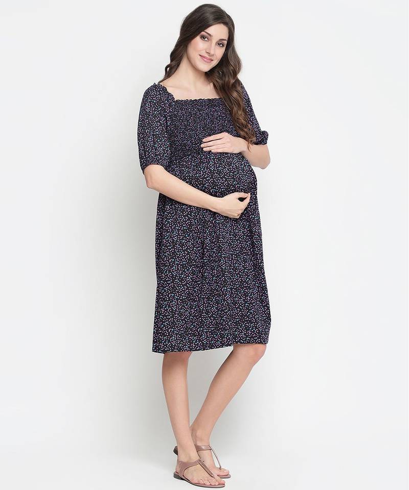 Coca black printed  ruffled maternity smocked dress
