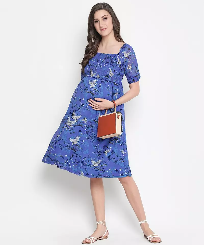Chill Blue floral print maternity smocked dress