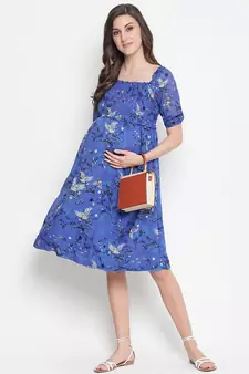 Chill Blue floral print maternity smocked dress