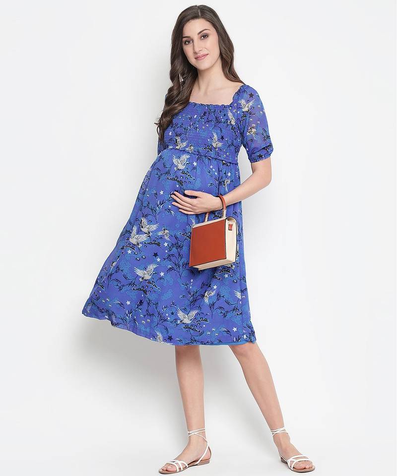 Chill Blue floral print maternity smocked dress