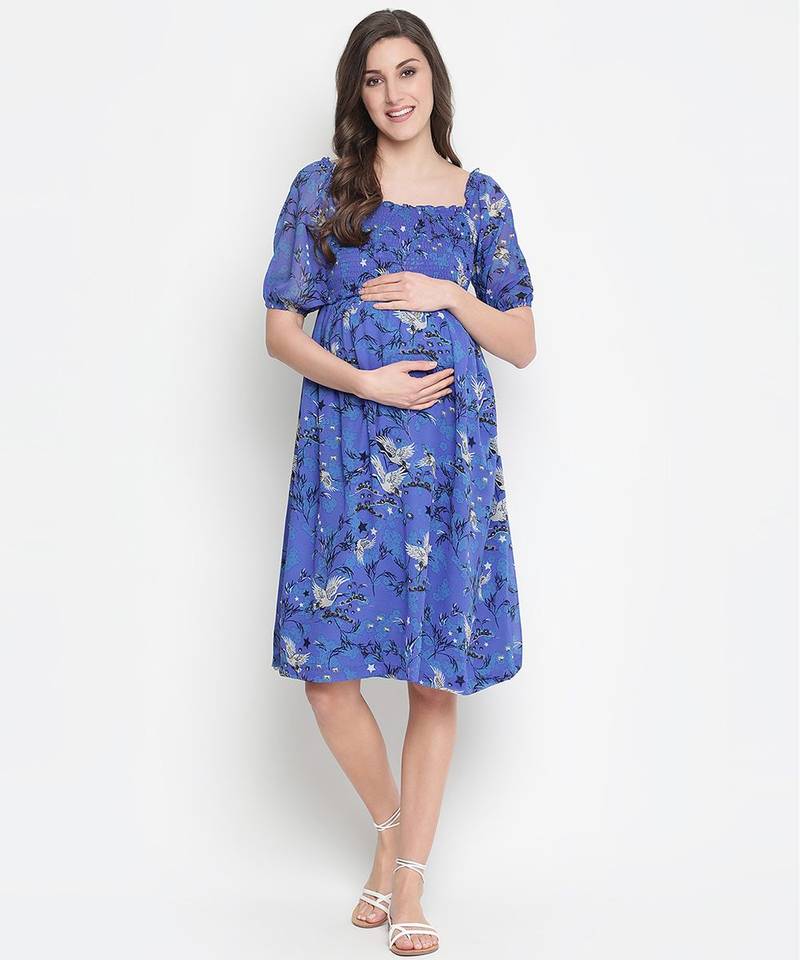 Chill Blue floral print maternity smocked dress