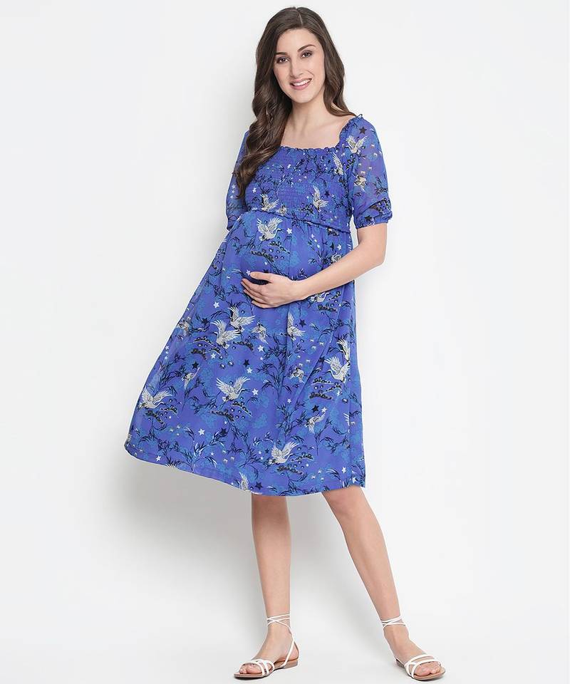 Chill Blue floral print maternity smocked dress