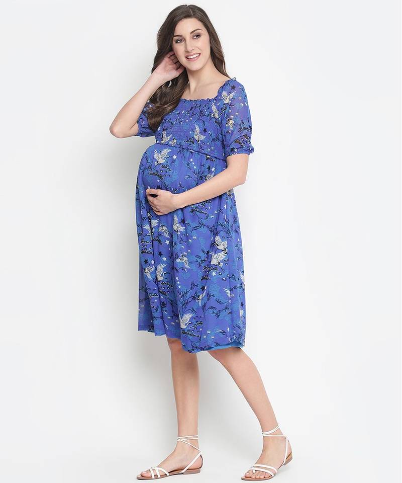 Chill Blue floral print maternity smocked dress