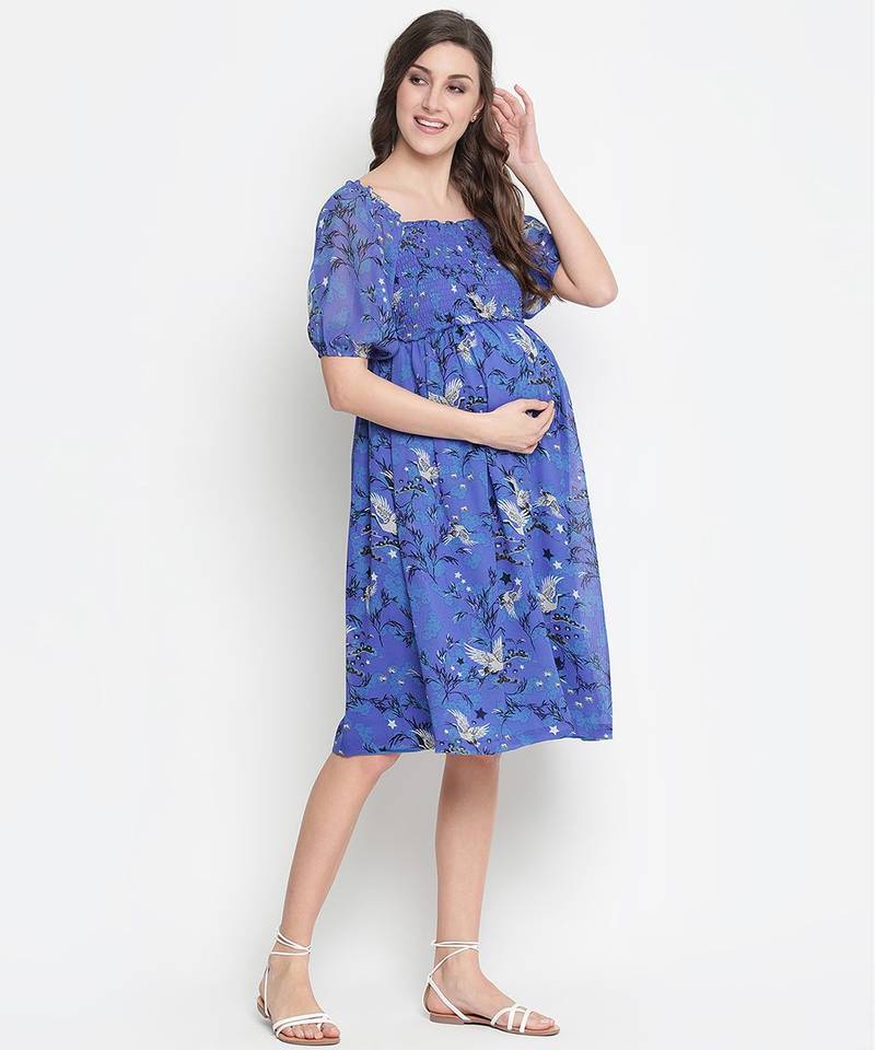 Chill Blue floral print maternity smocked dress