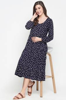 Fancy blue polka print easy maternity dress