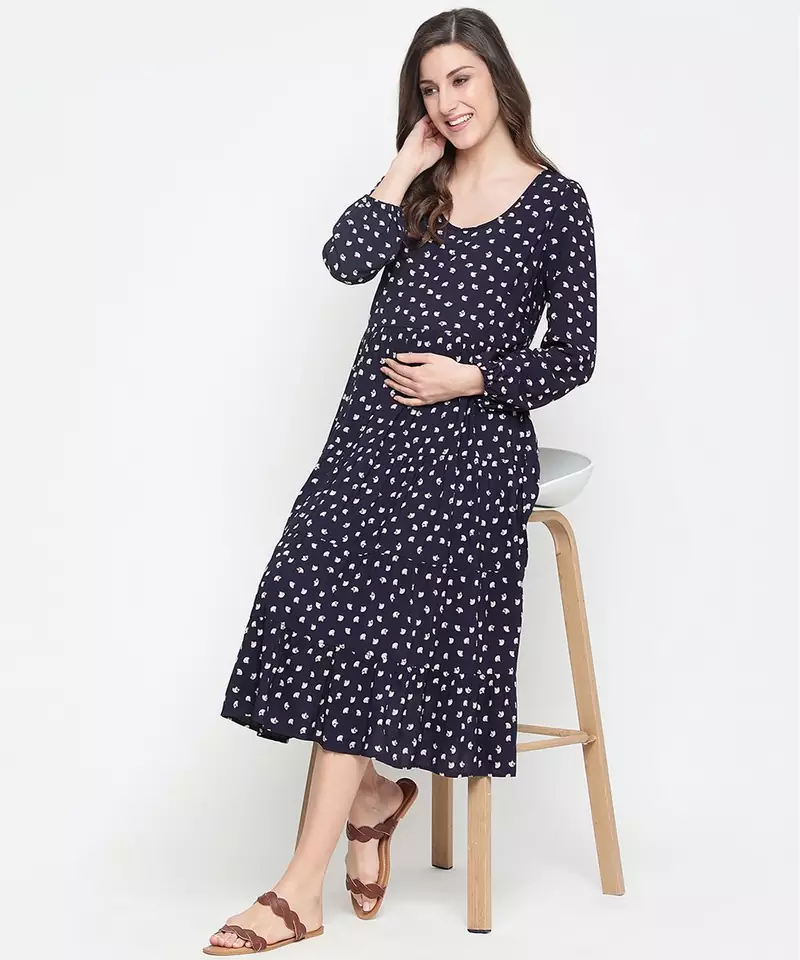 Fancy blue polka print easy maternity dress