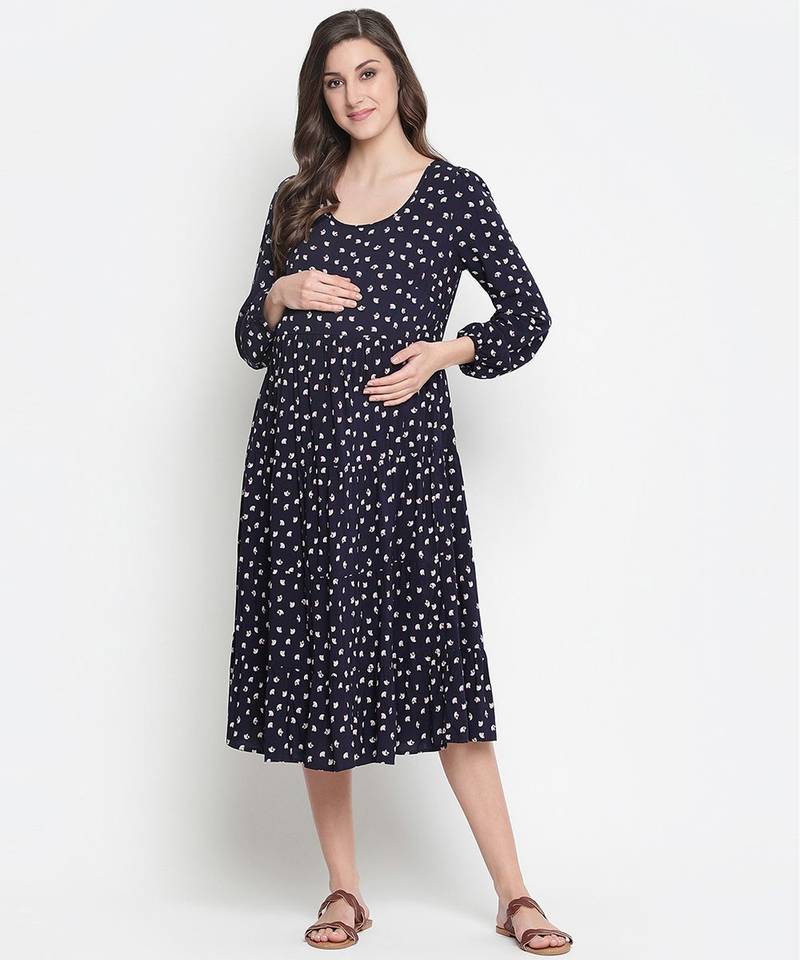 Fancy blue polka print easy maternity dress