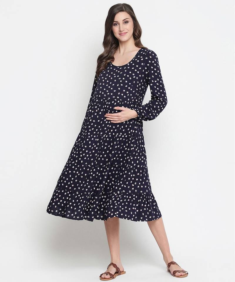 Fancy blue polka print easy maternity dress
