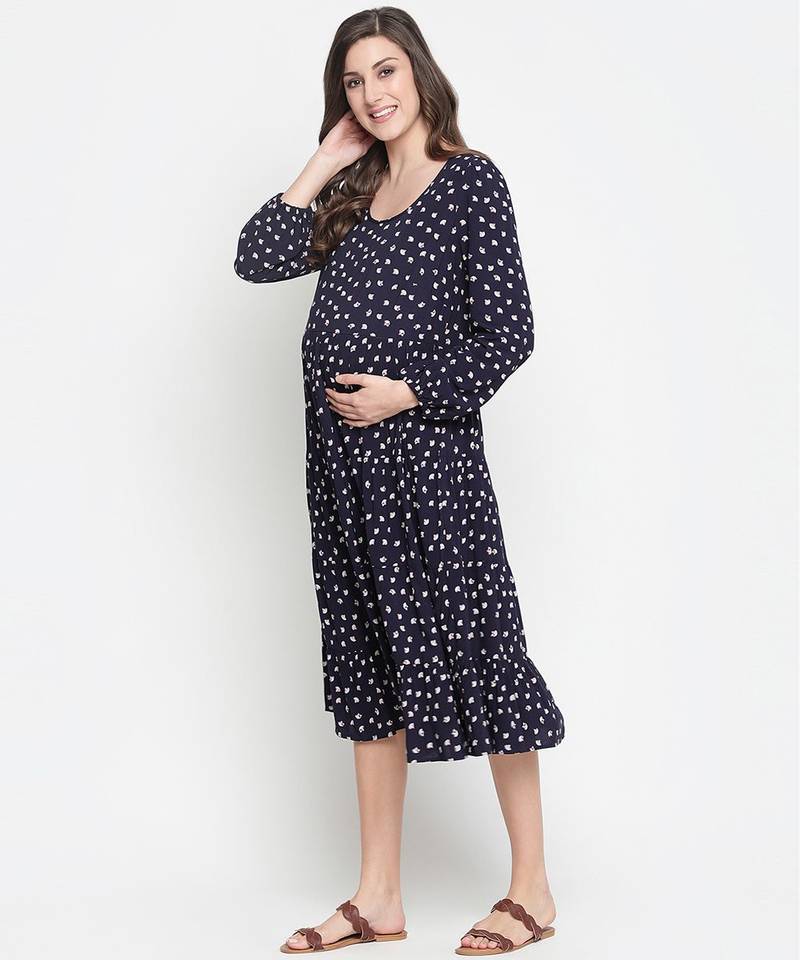 Fancy blue polka print easy maternity dress
