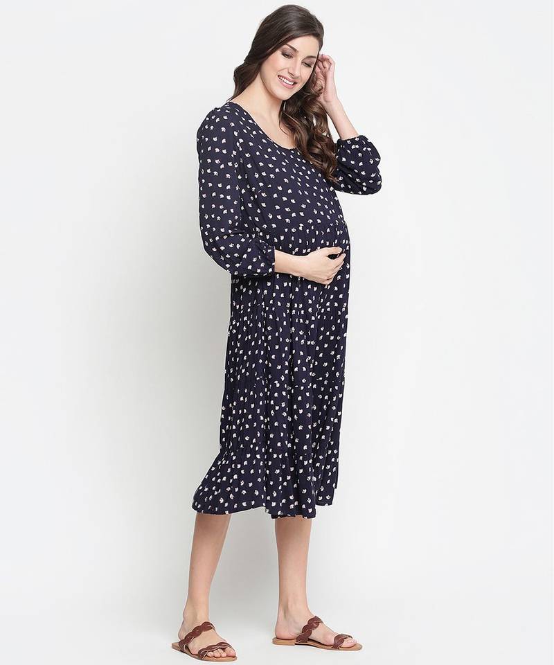 Fancy blue polka print easy maternity dress
