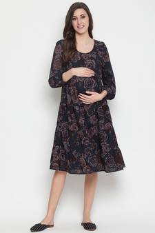 Grey floral print falred maternity dress