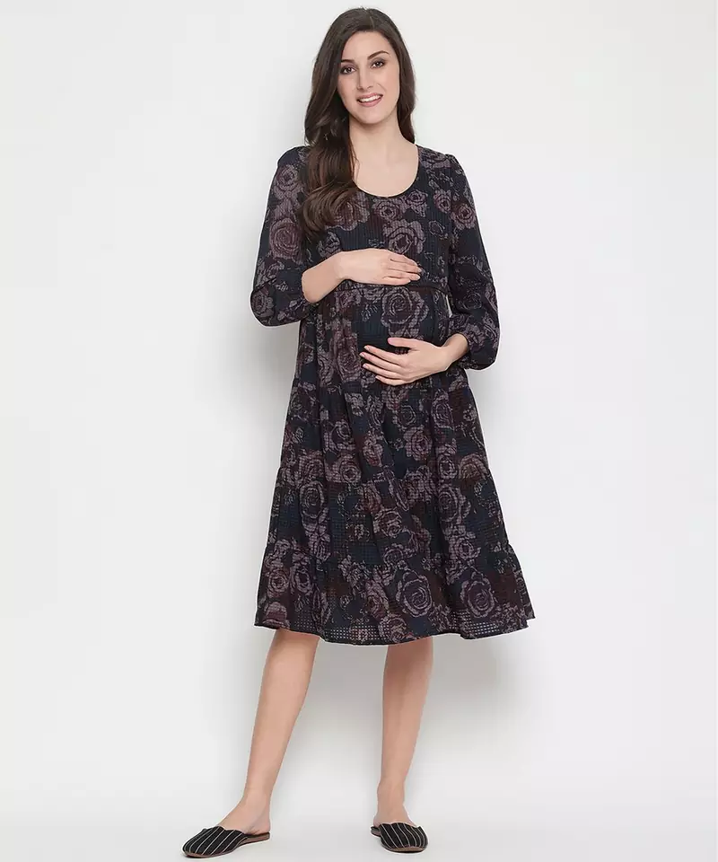 Grey floral print falred maternity dress