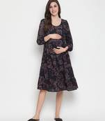 Grey floral print falred maternity dress