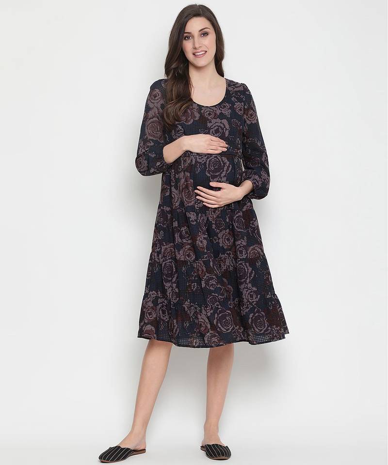 Grey floral print falred maternity dress
