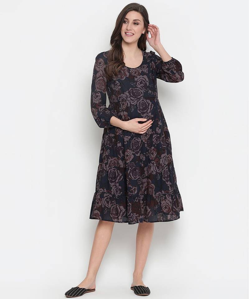 Grey floral print falred maternity dress