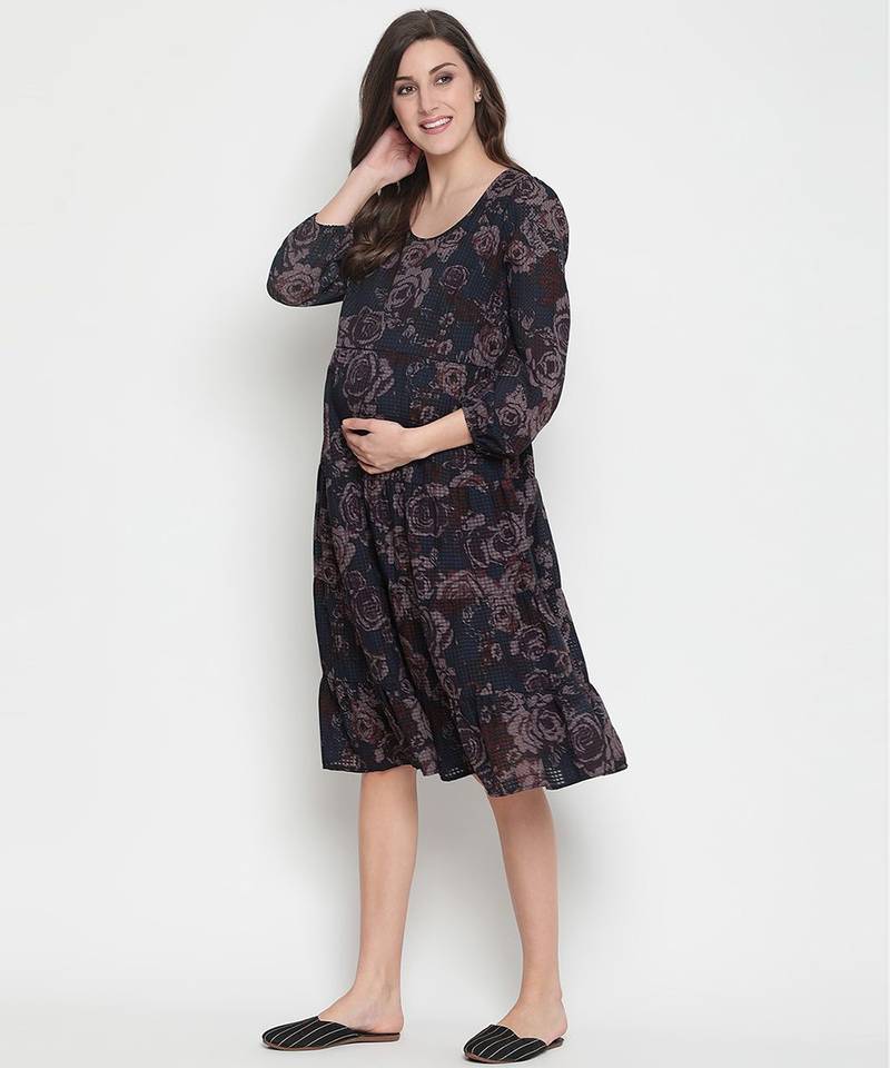 Grey floral print falred maternity dress