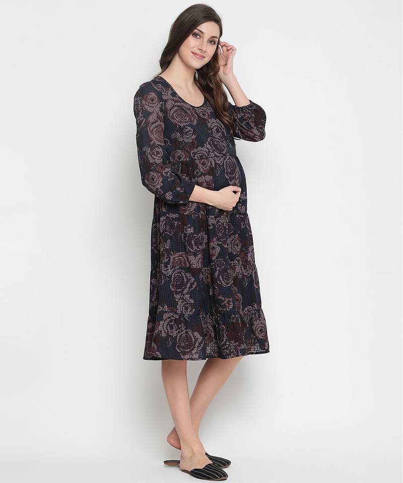 Grey floral print falred maternity dress