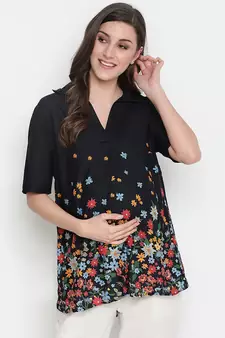 Luxious black colorful border print maternity Top