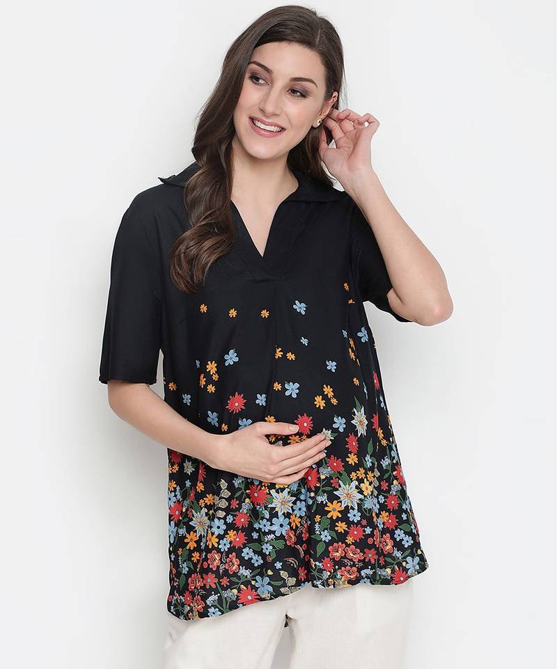 Luxious black colorful border print maternity Top