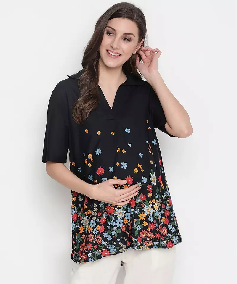 Luxious black colorful border print maternity Top