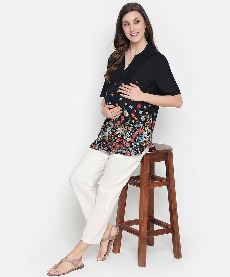 Luxious black colorful border print maternity Top