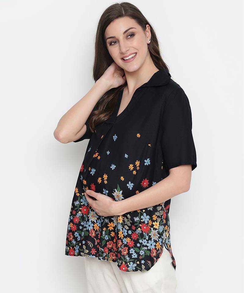 Luxious black colorful border print maternity Top