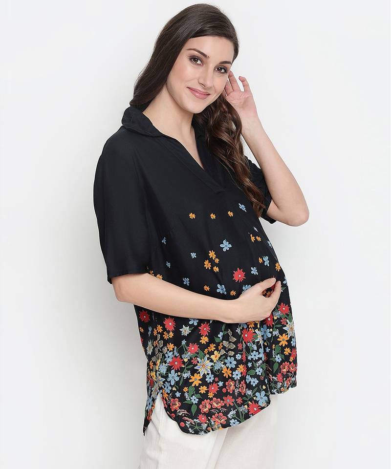 Luxious black colorful border print maternity Top