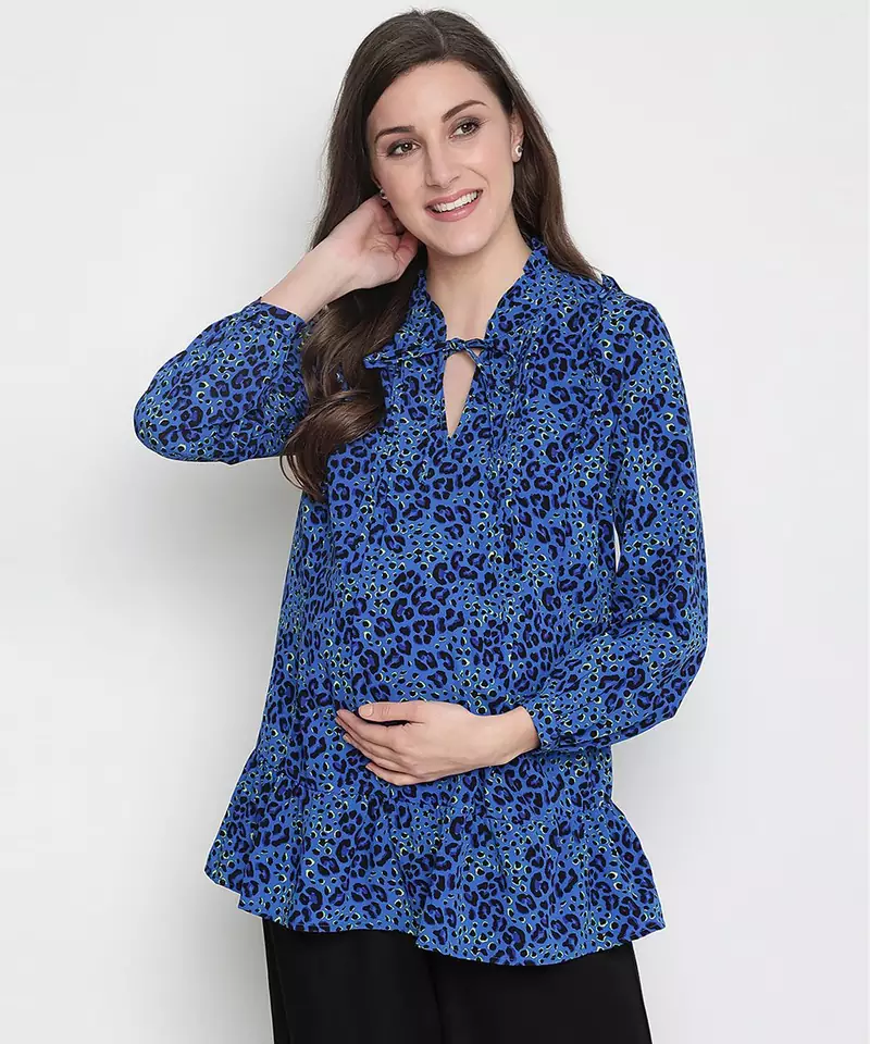 Fanciful blue floral print tie-knot maternity tunic