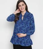 Fanciful blue floral print tie-knot maternity tunic