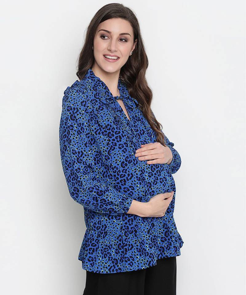 Fanciful blue floral print tie-knot maternity tunic