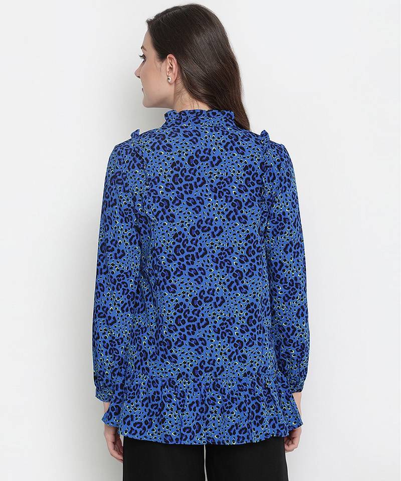 Fanciful blue floral print tie-knot maternity tunic