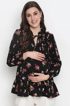 Fetched black floral print tie-knot maternity tunic