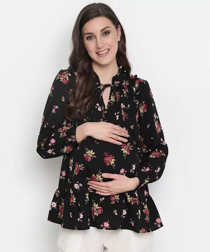 Fetched black floral print tie-knot maternity tunic