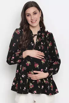 Fetched black floral print tie-knot maternity tunic