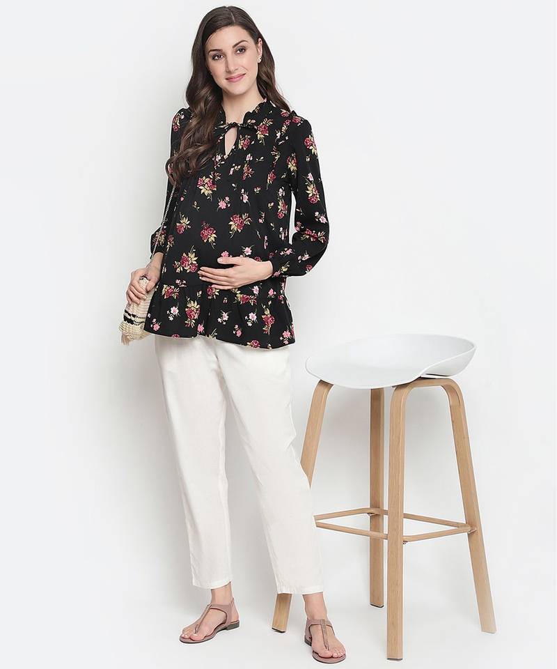 Fetched black floral print tie-knot maternity tunic