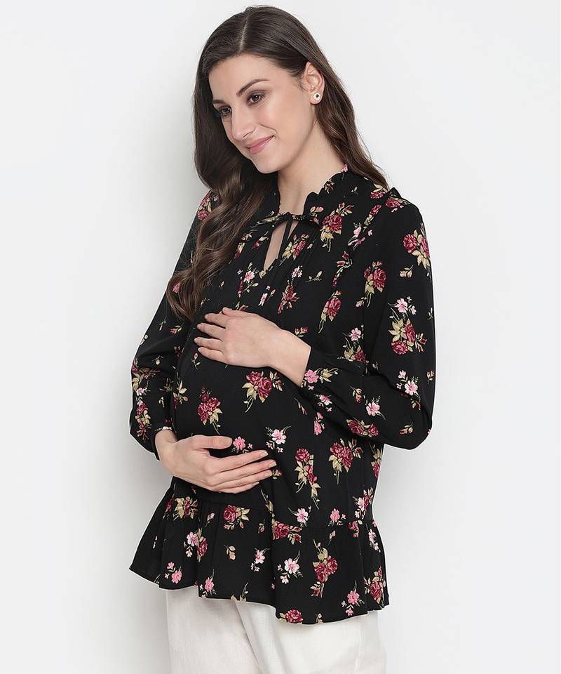 Fetched black floral print tie-knot maternity tunic
