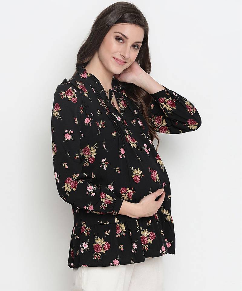 Fetched black floral print tie-knot maternity tunic