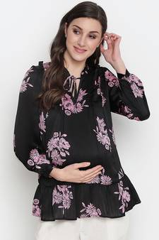 Purple flower print tie -knot maternity tunic