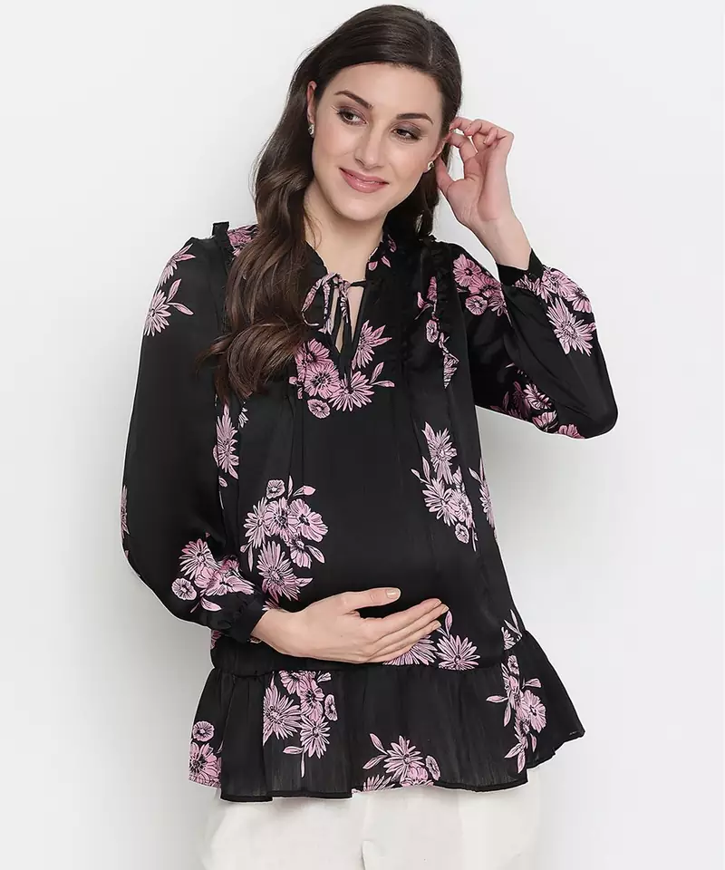 Purple flower print tie -knot maternity tunic