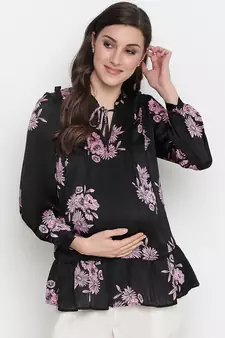 Purple flower print tie -knot maternity tunic
