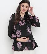 Purple flower print tie -knot maternity tunic