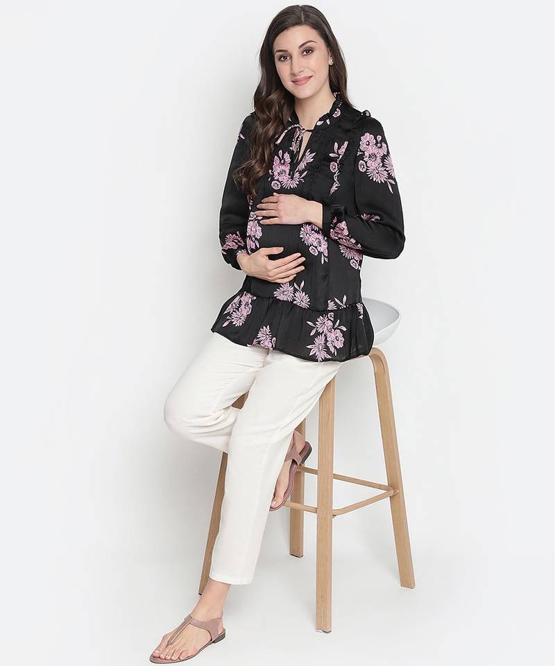 Purple flower print tie -knot maternity tunic