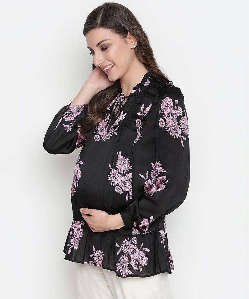 Purple flower print tie -knot maternity tunic