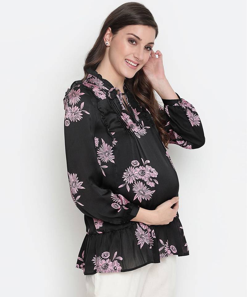 Purple flower print tie -knot maternity tunic