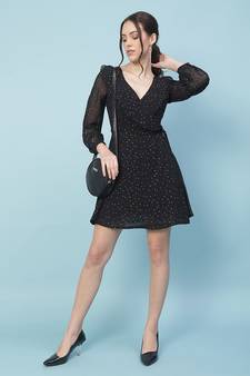 Thunder black muticolor foil print party women wrap dress