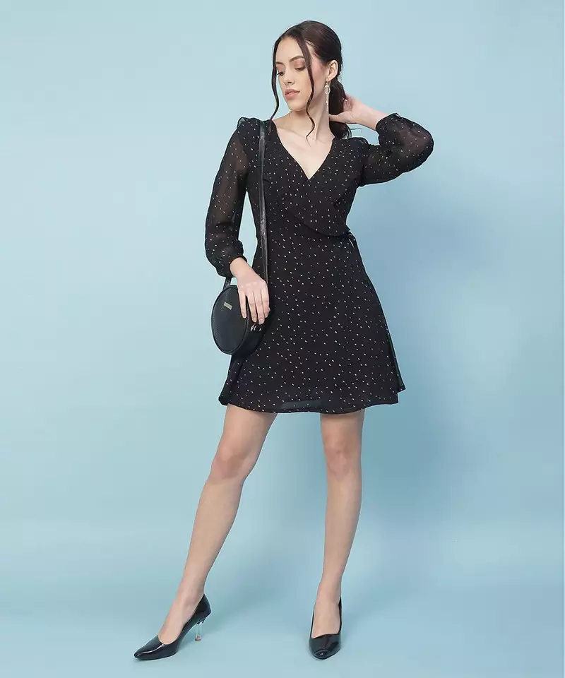 Thunder black muticolor foil print party women wrap dress