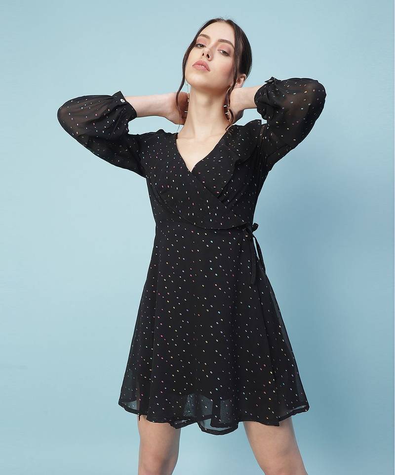 Thunder black muticolor foil print party women wrap dress