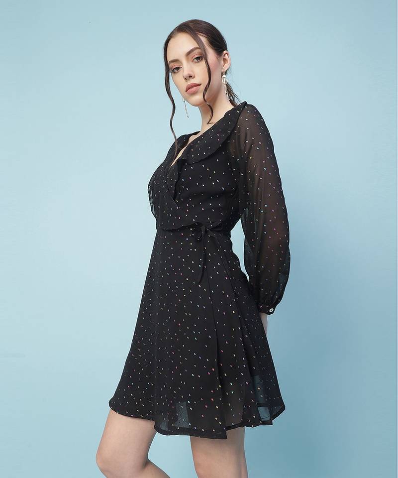 Thunder black muticolor foil print party women wrap dress