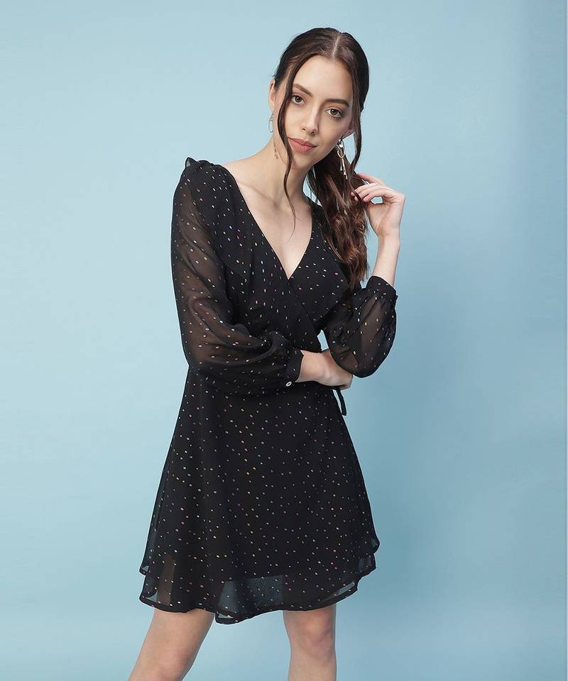 Thunder black muticolor foil print party women wrap dress