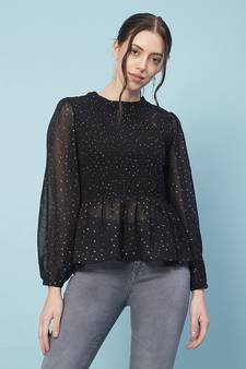 Dingy black muticolor foil print smocking party women top